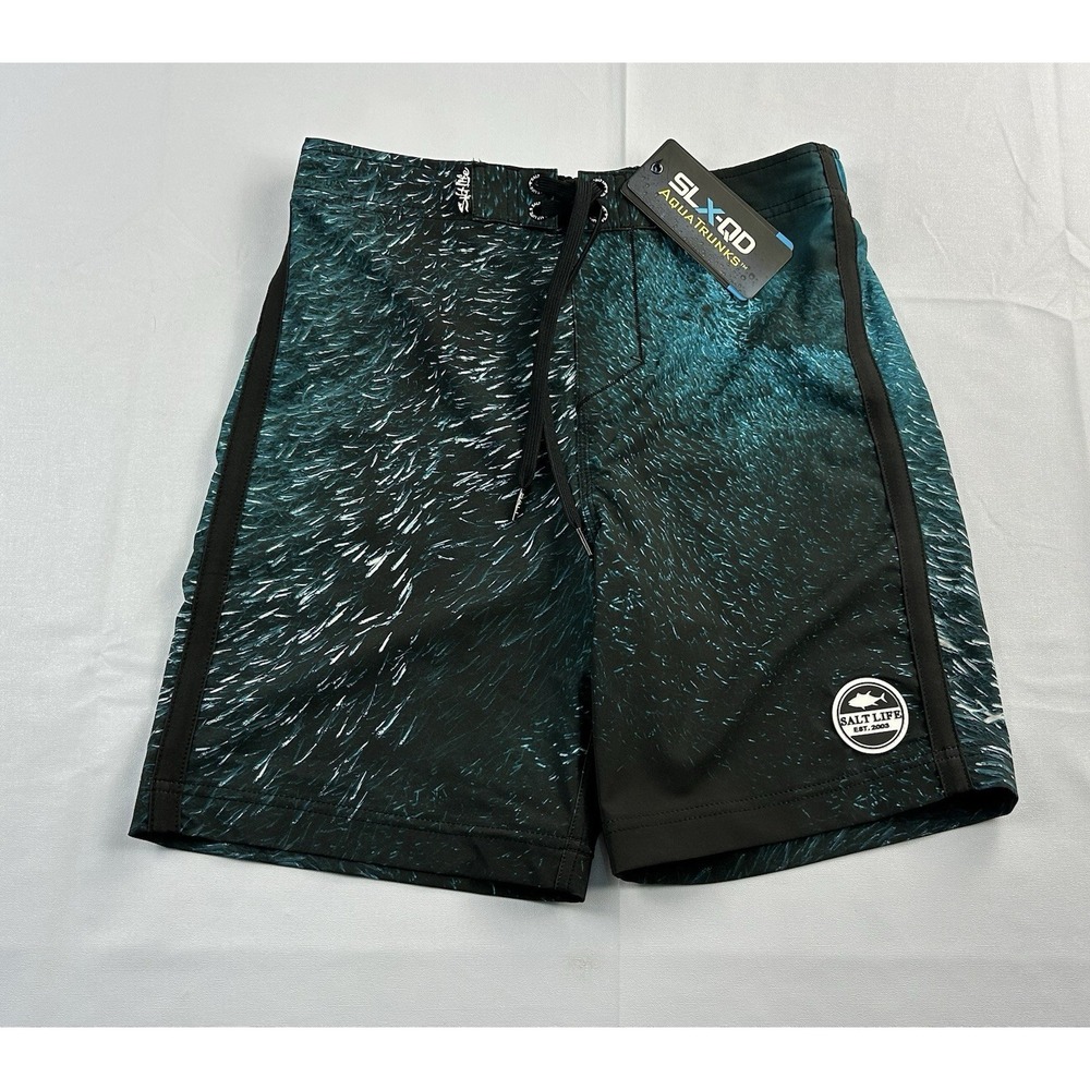 NWT Salt Life Youth Board Shorts Large Black Blue Fish Print Swim Trunks